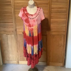 Tie Dye & embroidery boho hippie gypsy flowy dress one size M-XL mid length  New